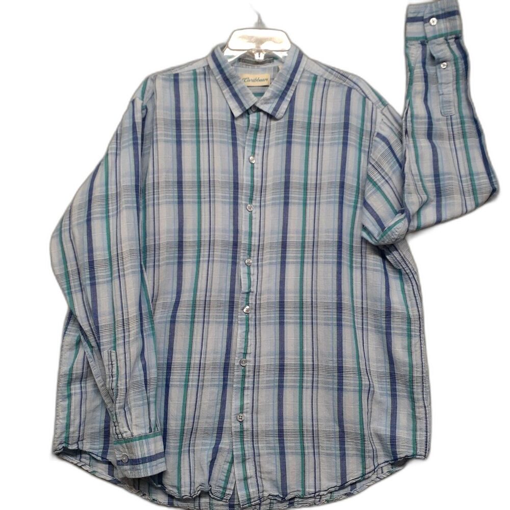 Caribbean Shirt Mens Sz XL Plaid Long Sleeve Button Up Linen Blend Academia